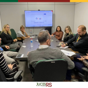 Oito pessoas est&atilde;o em uma sala de reuni&otilde;es de paredes brancas e sentadas em uma mesa quadrada grande e marrom escuro. Tr&ecirc;s mulheres brancas, loiras e um homem grisalho est&atilde;o sentadas do lado esquerdo de lado para a foto, um homem no centralizado na imagem, de costas, branco e grisalho, do lado direito est&atilde;o duas mulheres, uma, parda, de cabelos pretos e cacheados, e outra branca, loira de cabelos lisos, dois homens, um branco, cabelos castanho escuro, e outro negro, de cabelos crespos e grisalhos.