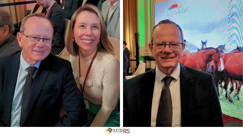 Presidente da JucisRS, Paulo Mazzardo; e a chefe de Gabinete, Priscila B&uuml;hler, prestigiam lan&ccedil;amento da Expointer