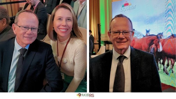 Presidente da JucisRS, Paulo Mazzardo; e a chefe de Gabinete, Priscila B&uuml;hler, prestigiam lan&ccedil;amento da Expointer