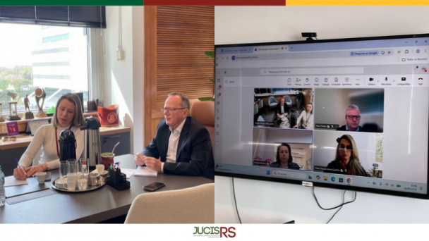 Presidente da JucisRS, Paulo Mazzardo e a chefe de Gabinete, Priscila B&uuml;hler se re&uacute;nem com representantes da SESCON Serra Ga&uacute;cha
